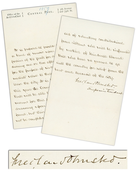 Frederick Law Olmsted Letter Signed as Superintendent of Central Park, During Its Construction -- those who have no means to go into the country for relief from the heat and turmoil of the city